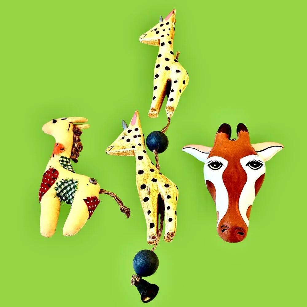 Giraffe Decor Hanging Ornament Vintage Wood + Fabric - Lot of 3 as is flaw